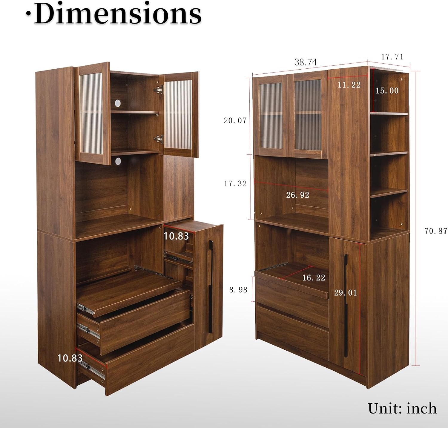 Tall Kitchen Hutch Cabinet with Pull-out Shelves, Storage Drawers, Glass Doors Freestanding Cable Management Pantry Large Kitchen Cupboard for Dining Room with Microwave Countertop Walnut Finish
