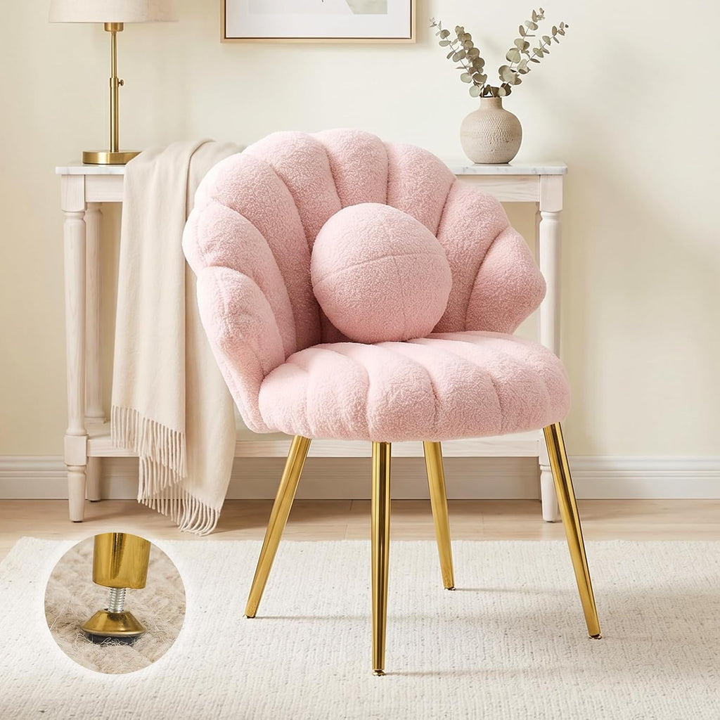 VINGLI Shell-Shaped Teddy Fleece Accent Vanity Chair with Back,Comfy Pink and Gold Desk Chair No Wheels,Cute Small Pearl Deco Pillow,Gift for Girls/Women,for Makeup,Office,Dining,Nail,Sewing,Bedroom