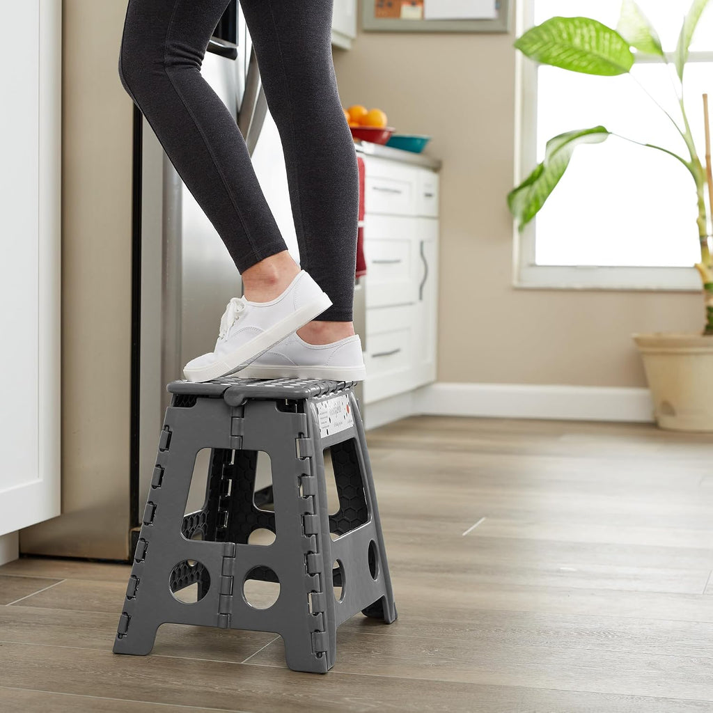 Casafield 16" Folding Step Stool with Handle (Set of 2), Gray - Portable Collapsible Small Plastic Foot Stool for Adults - Use in the Kitchen, Bathroom and Bedroom