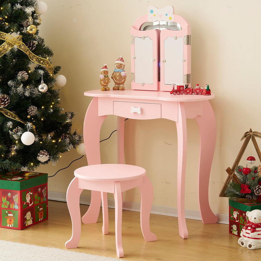 Vanity Set,ShyneeMakeup Dressing Vanity Set Wooden Princess Makeup Table with Cushioned Stool,Drawer,Wooden Legs and Mirror, Make Up Dressing Play Set for Girls (Pink Bow)