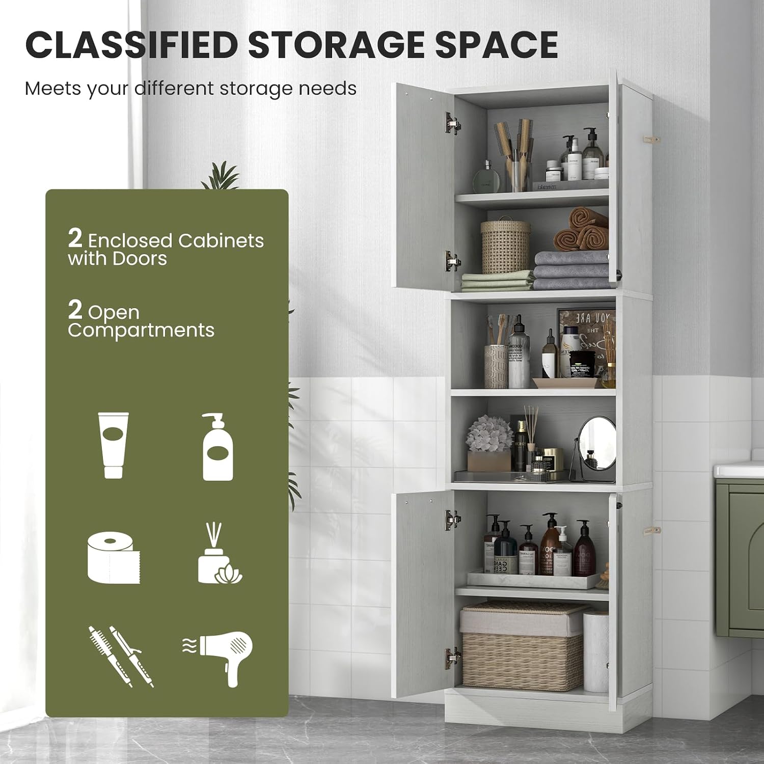 TANGZON 190CM Tall Kitchen Cupboard, 4-Door Storage Cabinet with Enclosed Cabinets, Open Compartments & Anti-tipping Kits, Freestanding Wooden Tall Sideboard for Pantry Dining Living Room (White Oak)