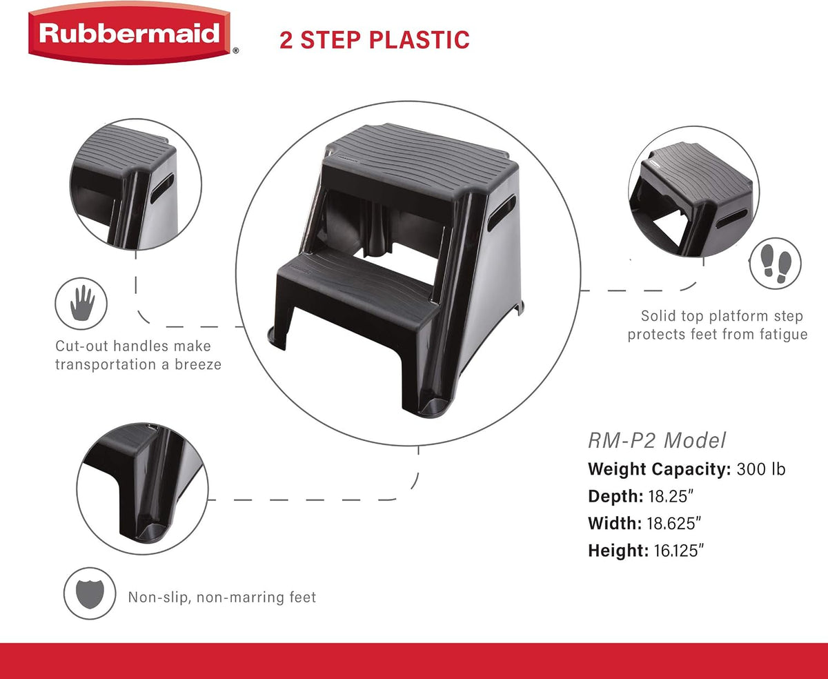 Rubbermaid 2-Step Plastic Stool, 300 lb Capacity, Lightweight, Black | Slip-resistant treads, Non-marring feet, Large standing platform, Cutout carry handles, No assembly required