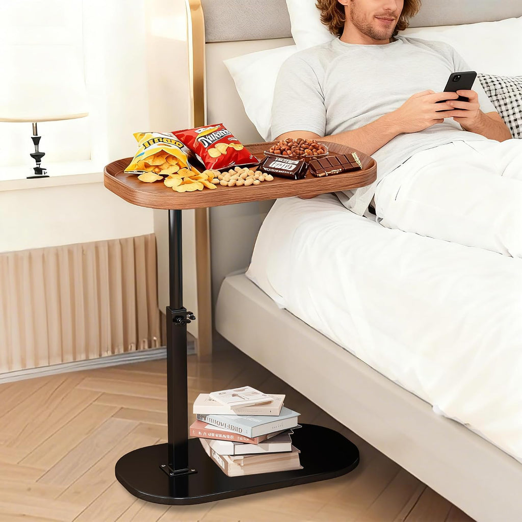 C Shaped Side Table Adjustable Height, 360° Swivel Couch End Table That Slide Under, Small C Shaped End Table for Sofa/Bed/Bathtub, Coffee TV Dinner Tray for Living Room, Bedroom, Bedside (Walnut)