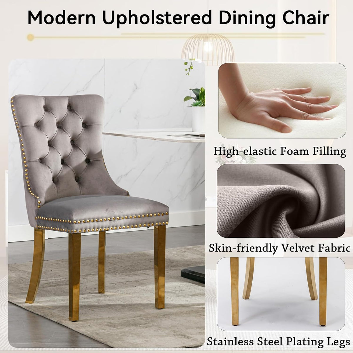 5 Piece Marble Dining Set for 4, 70.87" Rectangular Dining Room Table with 4 Grey Velvet Chairs, Gold Stainless Steel Frame, Luxury Modern Kitchen Table Set for Dining Room, Easy Assembly