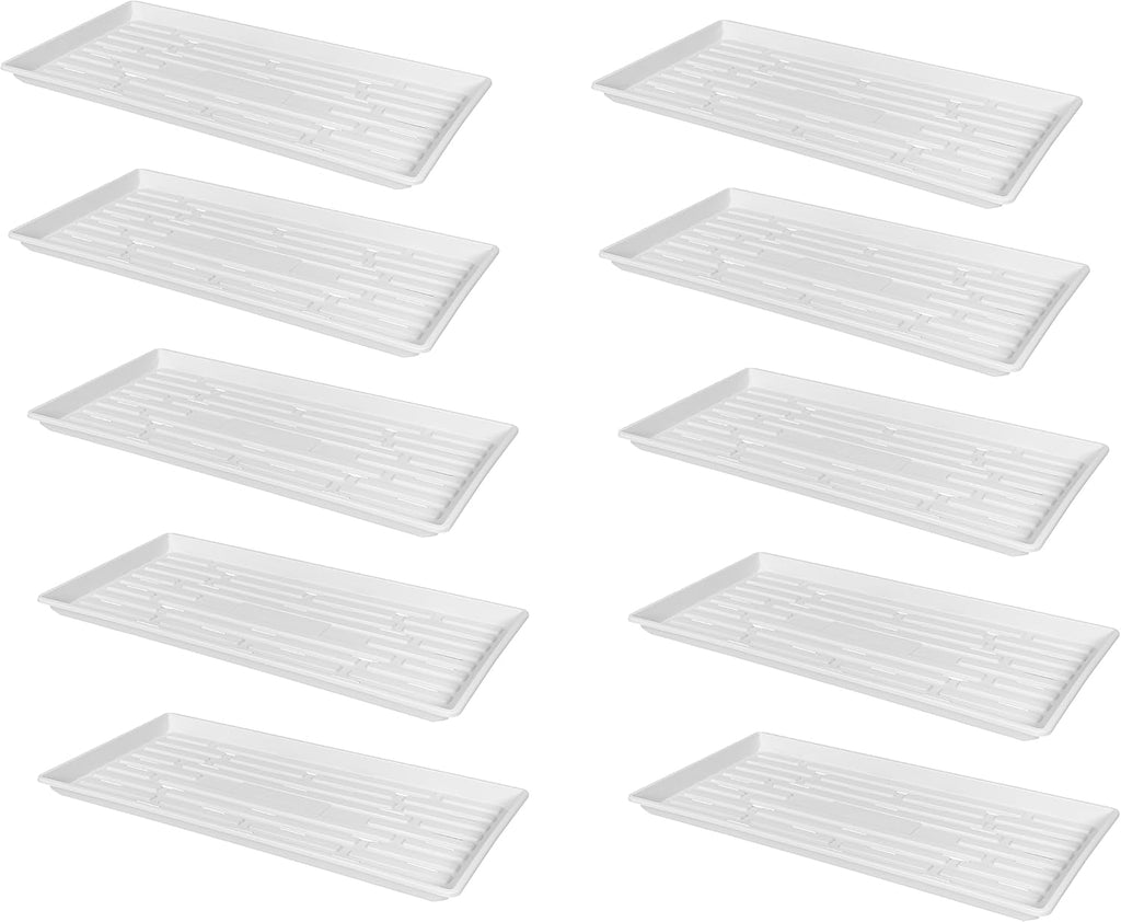 SUNPACK 10" x 20" Heavy Duty Shallow Plastic Seed Starting Tray, White, 1" (Pack of 10) - Lined with Drainage Holes for Excess Water and Aeration, Ideal for Greenhouses or Indoor Gardening