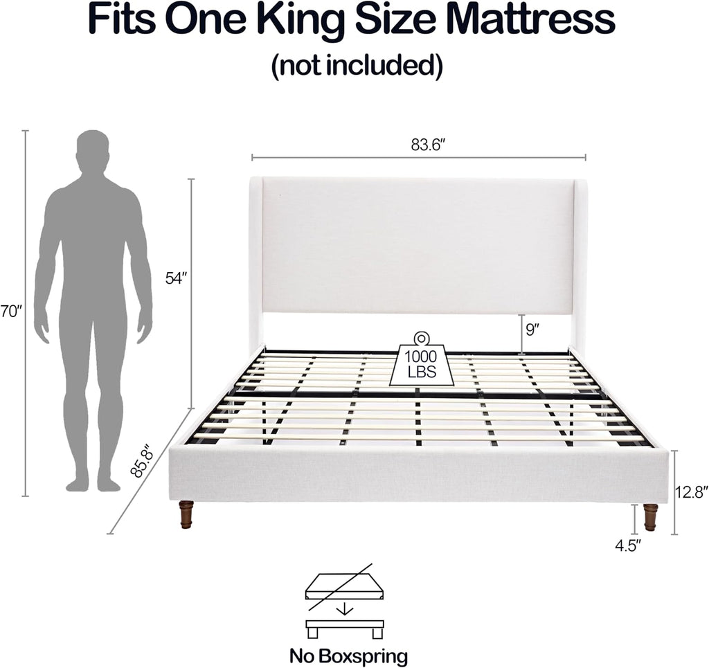 54" Extra-Tall Headboard Bed Frame - Heavy Duty Wingback Upholstered Platform Bed in Premium Chenille, Supports 1000lbs, No Box Spring Needed, Solid Wood Feet (Textured Ivory Canvas, King)