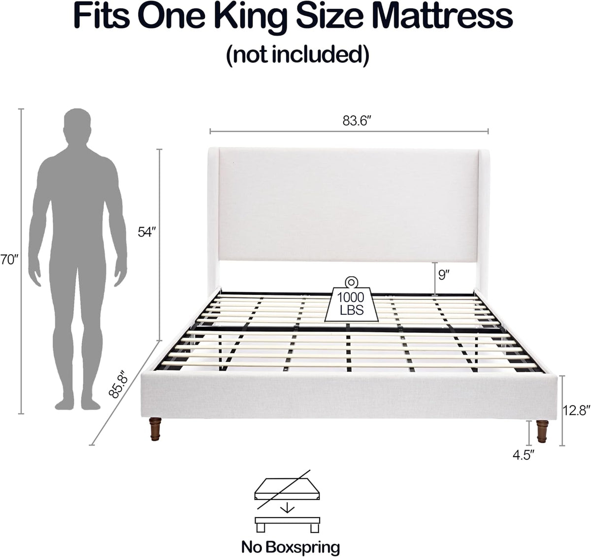 54" Extra-Tall Headboard Bed Frame - Heavy Duty Wingback Upholstered Platform Bed in Premium Chenille, Supports 1000lbs, No Box Spring Needed, Solid Wood Feet (Textured Ivory Canvas, King)