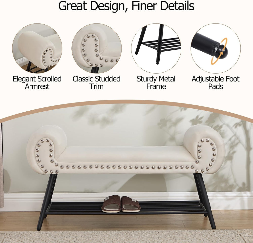 45" Upholstered Storage Shoe Bench, Velvet Fabric End of Bed Bench with Metal Shelf, Modern Bedroom Bench with Rolled Arms, Entryway Window Bench with Storage for Living Room, Hallway, Cream