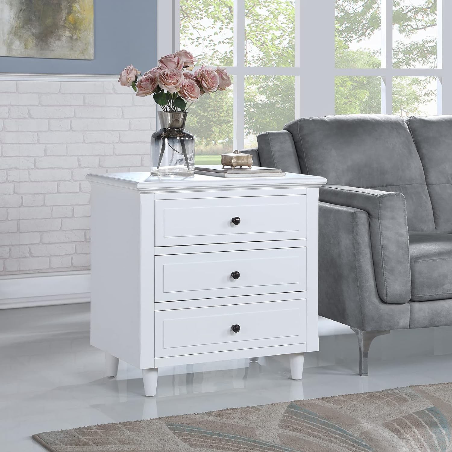 3-Drawer Nightstand for Bedroom, Storage Wood Cabinet, Simple Bedside Table, Living Room Sofa Side Table, Telephone Table, Easy-Pull Metal Glides, No Assembly Required, Long-Lasting, White