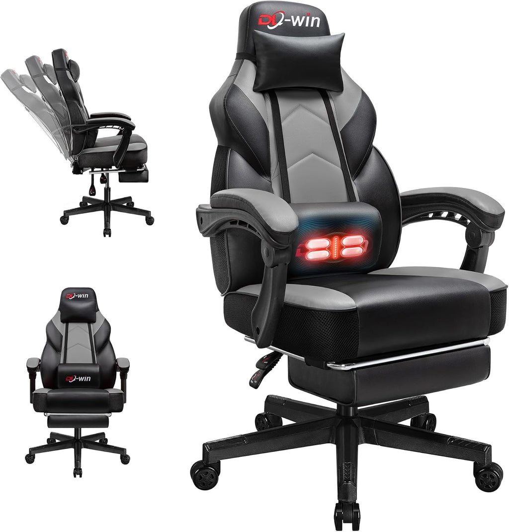 DL-win Gaming Chairs for Adults, Computer Chair with Footrest and High Back, Big and Tall Gamer Chair's with Massage Lumbar Support, 360° Swivel Height Adjustable Gaming Chair, Grey