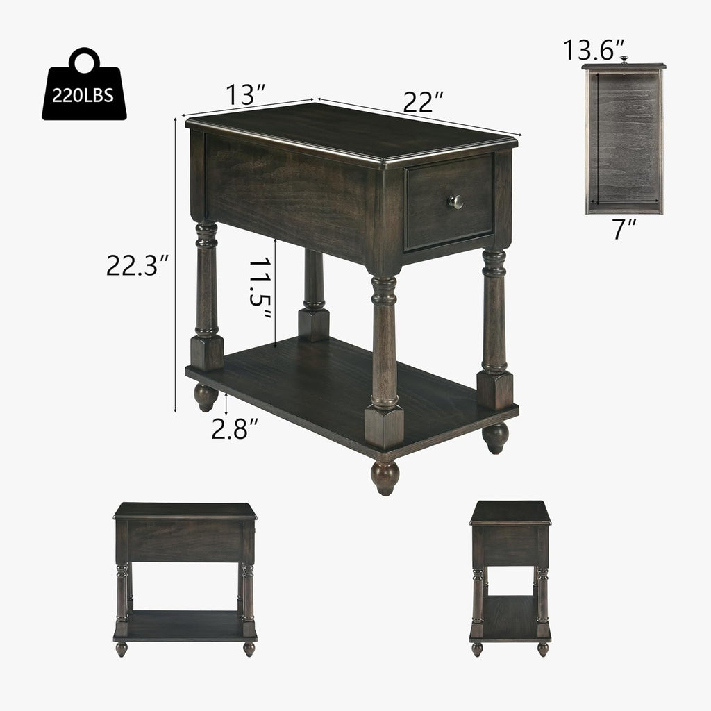 Set of 2 Narrow Open End Table with Drawer, Solid Wood Side Table 2-Tier Skinny Table with Storage Shelves Slim Nightstand Small Sofa End Table for Living Room Bedroom-Antique Black 004BK