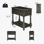 Set of 2 Narrow Open End Table with Drawer, Solid Wood Side Table 2-Tier Skinny Table with Storage Shelves Slim Nightstand Small Sofa End Table for Living Room Bedroom-Antique Black 004BK