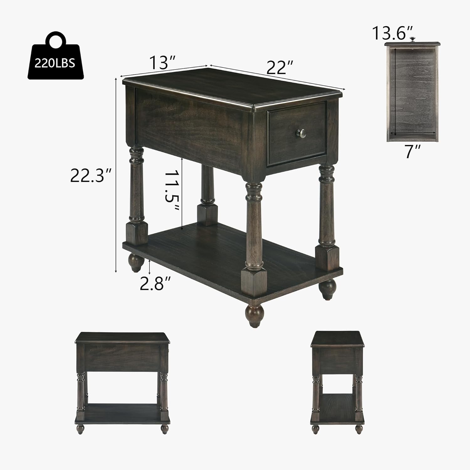 Set of 2 Narrow Open End Table with Drawer, Solid Wood Side Table 2-Tier Skinny Table with Storage Shelves Slim Nightstand Small Sofa End Table for Living Room Bedroom-Antique Black 004BK