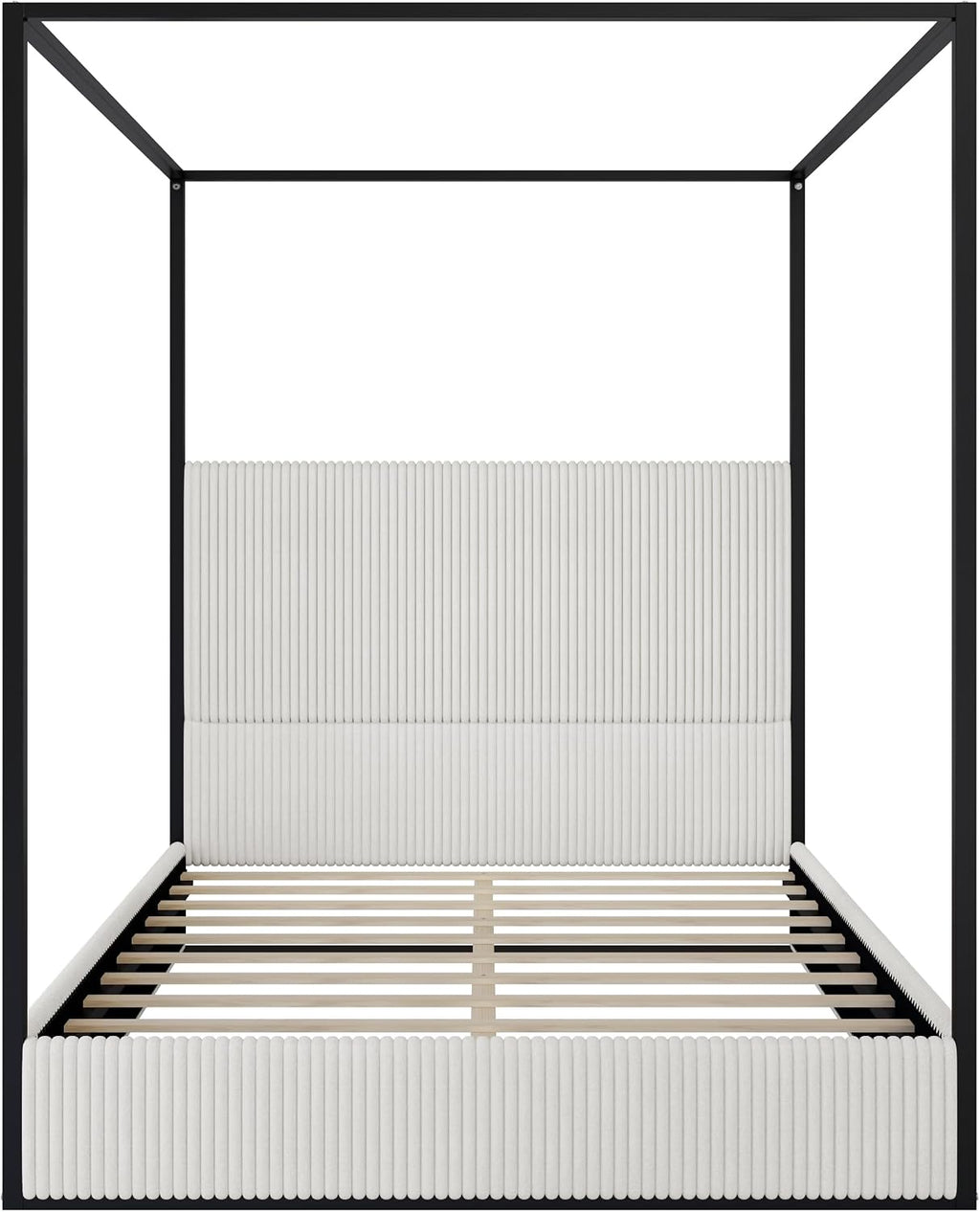 GDFStudio Modern Queen Size Luxury Metal Canopy Bed with 49.5" Velvet Upholstered Headboard, Black Four Poster Frame, Platform Bed Frame No Box Spring Needed, for Bedroom, Living Room, White
