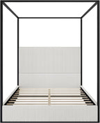 GDFStudio Modern Queen Size Luxury Metal Canopy Bed with 49.5" Velvet Upholstered Headboard, Black Four Poster Frame, Platform Bed Frame No Box Spring Needed, for Bedroom, Living Room, White