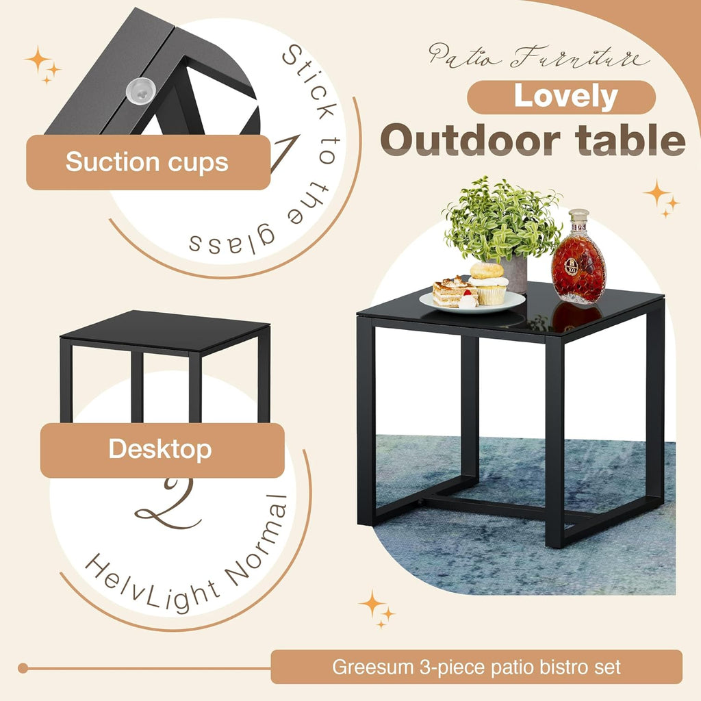 Greesum 3 Pieces Outdoor Furniture Set Patio Bistro Rocking Chairs with Glass Coffee Table for Pool Beach Backyard Balcony Porch Deck Garden, Black