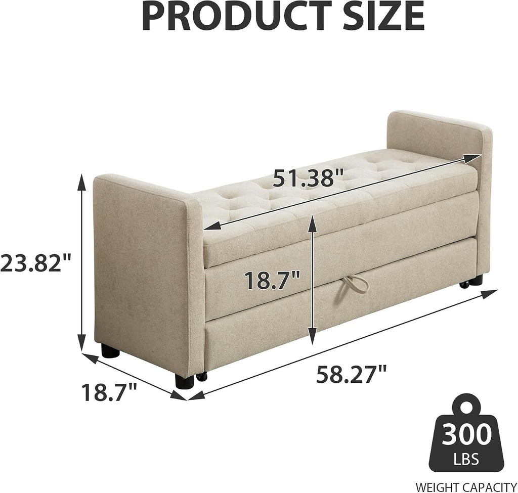Chifee & Vingol 58.27" W Ottoman Bench with Double Storage Space, Upholstered End of Bed Storage Bench Entryway Shoe Benches,Griege