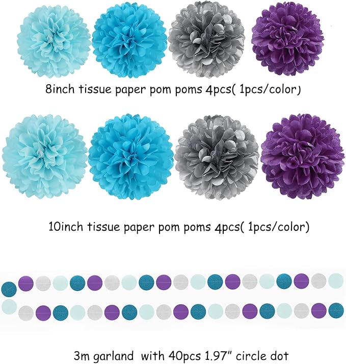 Purple-Blue Silver Frozen Christmas Party-Decorations - 30pcs Tissue Pom Poms Streamers,Winter Girl Birthday New Year Tassel Garland Banner,Wonderland Mermaid Baby Shower Wedding Supplies Decor Bunting Lasting Surprise
