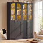 Cyclysio 80" Kitchen Pantry with 3 Motion Sensor Lights, Tall Arch Storage Cabinet with Tempered Glass Doors, Wood Floor Cupboard with Baseboard Cutout for Dining Room, Living Room, Bathroom
