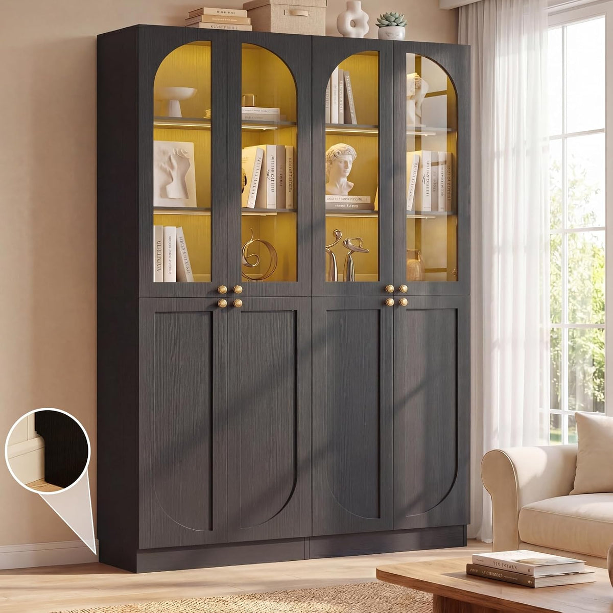 Cyclysio 80" Kitchen Pantry with 3 Motion Sensor Lights, Tall Arch Storage Cabinet with Tempered Glass Doors, Wood Floor Cupboard with Baseboard Cutout for Dining Room, Living Room, Bathroom
