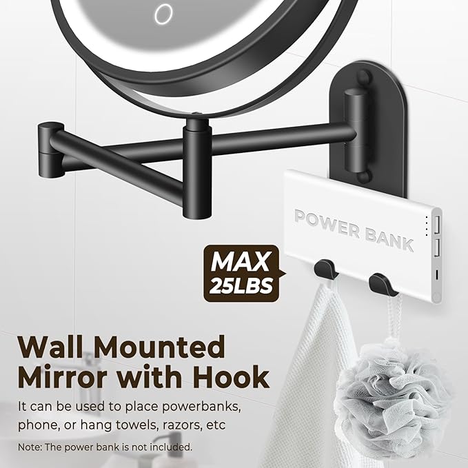 8" Wall Mounted Lighted Makeup Mirror, 3000mAh Rechargeable Double Sided 1X/10X Magnifying Mirror with Hook, 3 Color Lights Touch Dimmable 360° Rotation Vanity Mirror for Bathroom (Black)