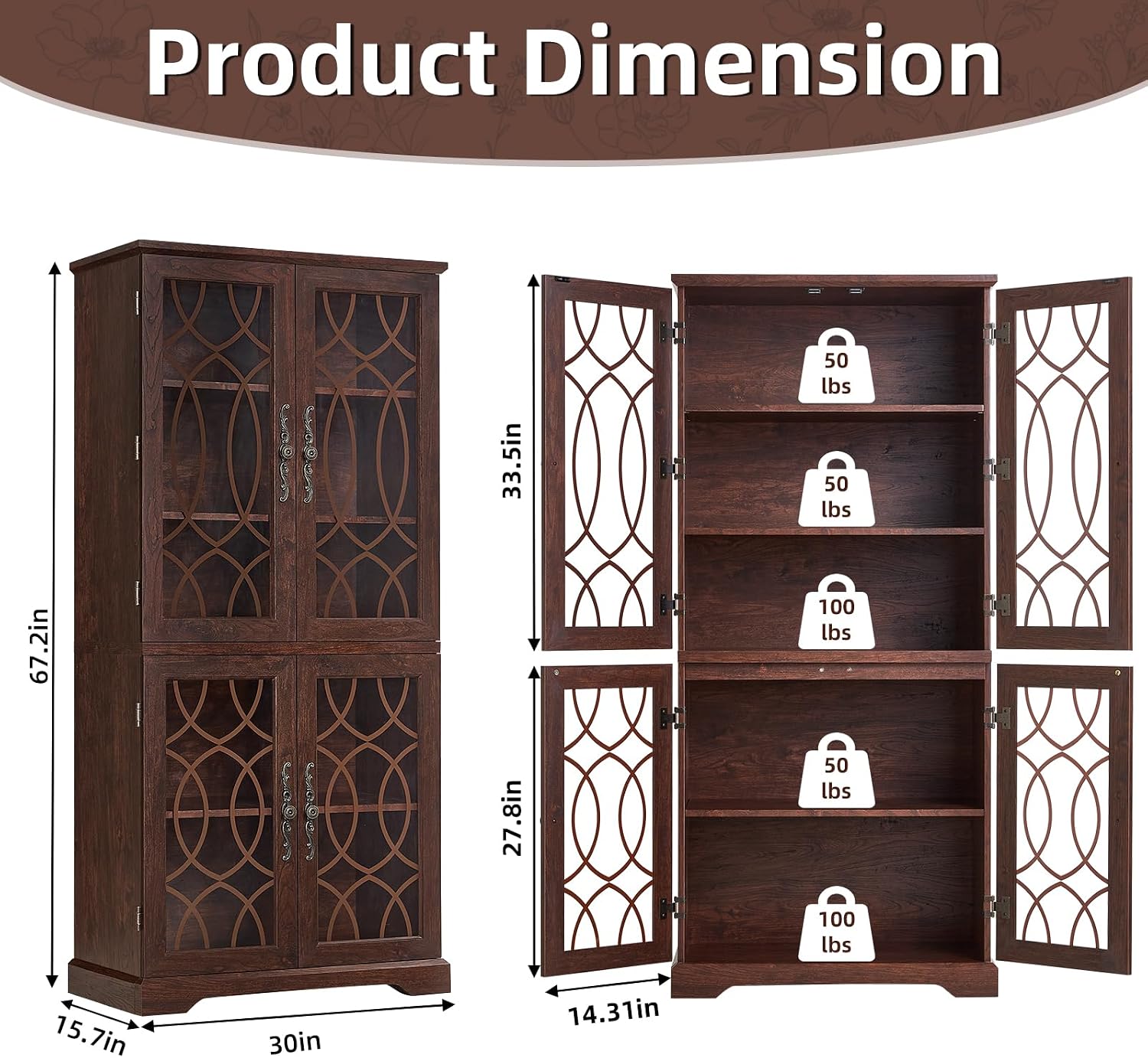 Joaxswe 67" Tall Pantry Cabinet, Wood Kitchen Pantries Cabinets with Glass Doors & Adjustable Shelves, Freestanding Vintage Cupboard with Large Storage for Dining Room, Bathroom, Walnut