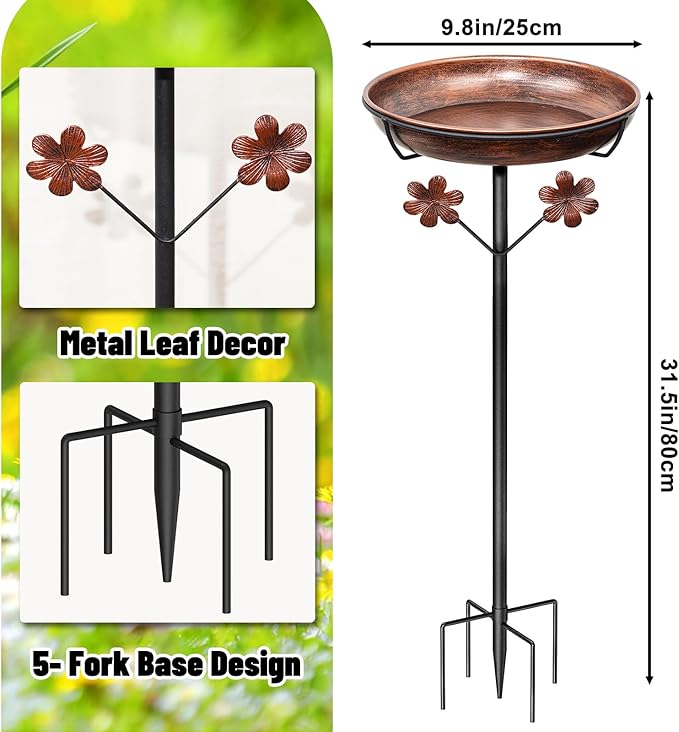 Metal Bird Bath for Outside, Freestanding Birdbaths Bowl Outdoor with Iron Stake, Vintage Spa Birdfeeder Feeder Bowl for Garden Patio Yard Lawn Decor, Easy to Clean