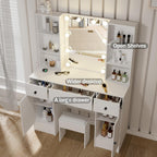 White Dressing Table with Mirror and Lights, Makeup Vanity Desk with 3 Drawers & 2 Large Cabinet, Large HD Mirror, 3 Color Modes & Adjustable Brightness, Modern