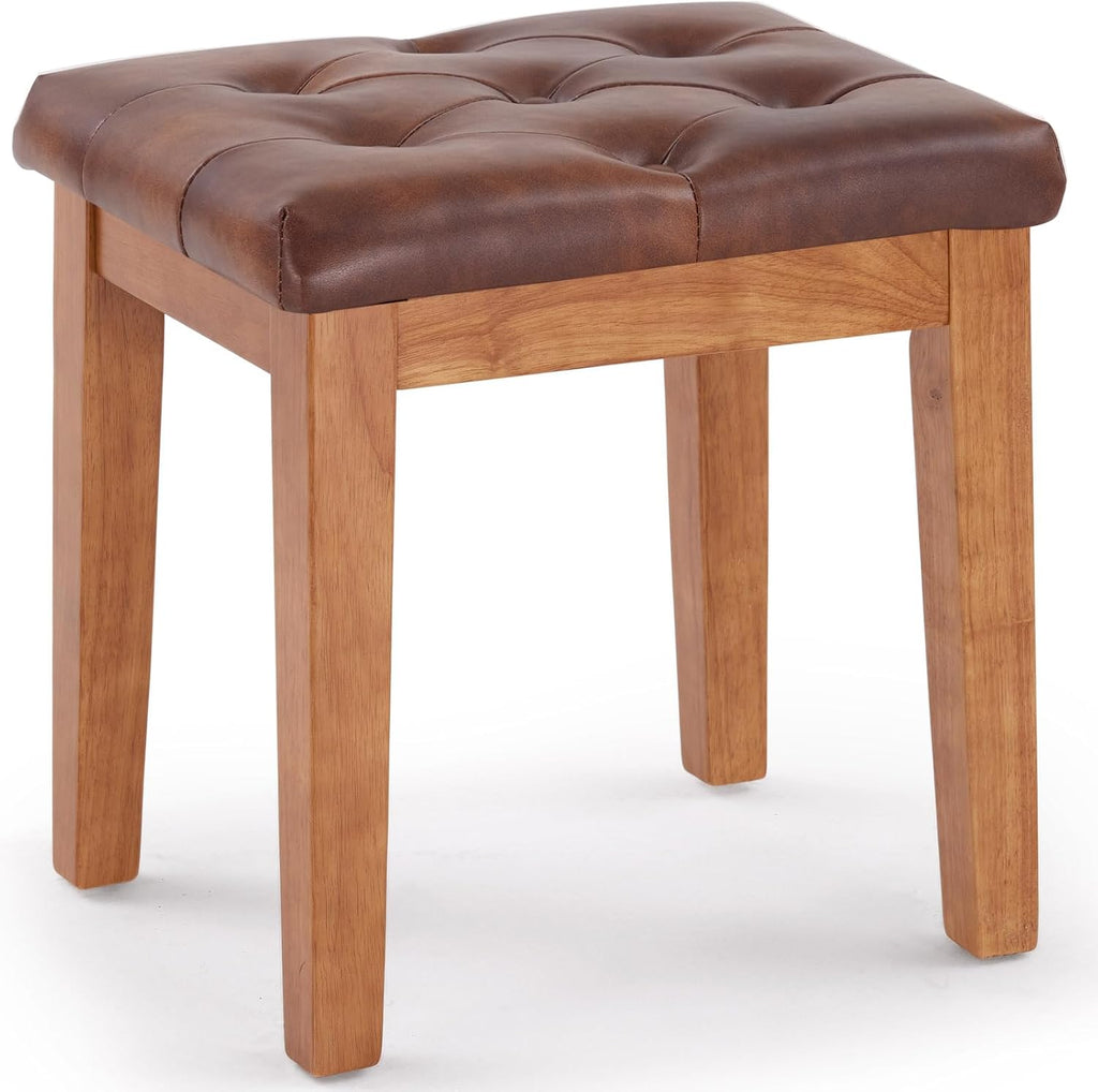 Ottoman Vanity Wooden Stool with Padded Seat, Faux Leather Brown | Square Wood Accent Dining Makeup Piano Stool with Button-Tufted Padded Upholstered Seat & Wood Legs for Living Room Bathroom