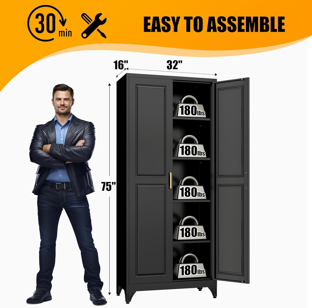 75" Tall Metal Storage Cabinet, Kitchen Pantry Storage Cabinets with Doors and 4 Shelves, Black Pantry Cabinet, Utility Kitchen Cupboard, Large Steel Cabinets for Dining, Office, Living Room