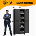 75" Tall Metal Storage Cabinet, Kitchen Pantry Storage Cabinets with Doors and 4 Shelves, Black Pantry Cabinet, Utility Kitchen Cupboard, Large Steel Cabinets for Dining, Office, Living Room