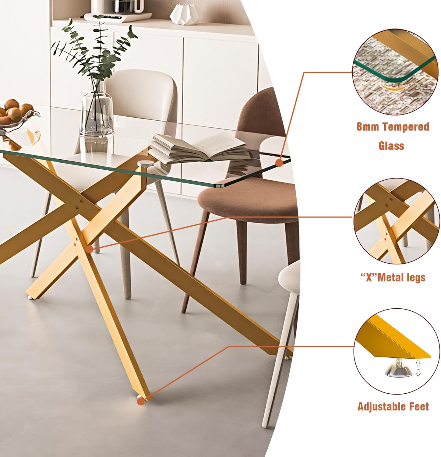 61" Glass Dining Table for 6, Modern Kitchen Dining Room Table with Rectangular Tempered Glass Top and X Metal Legs, Large Gold Glass Dinner Table for Kitchen