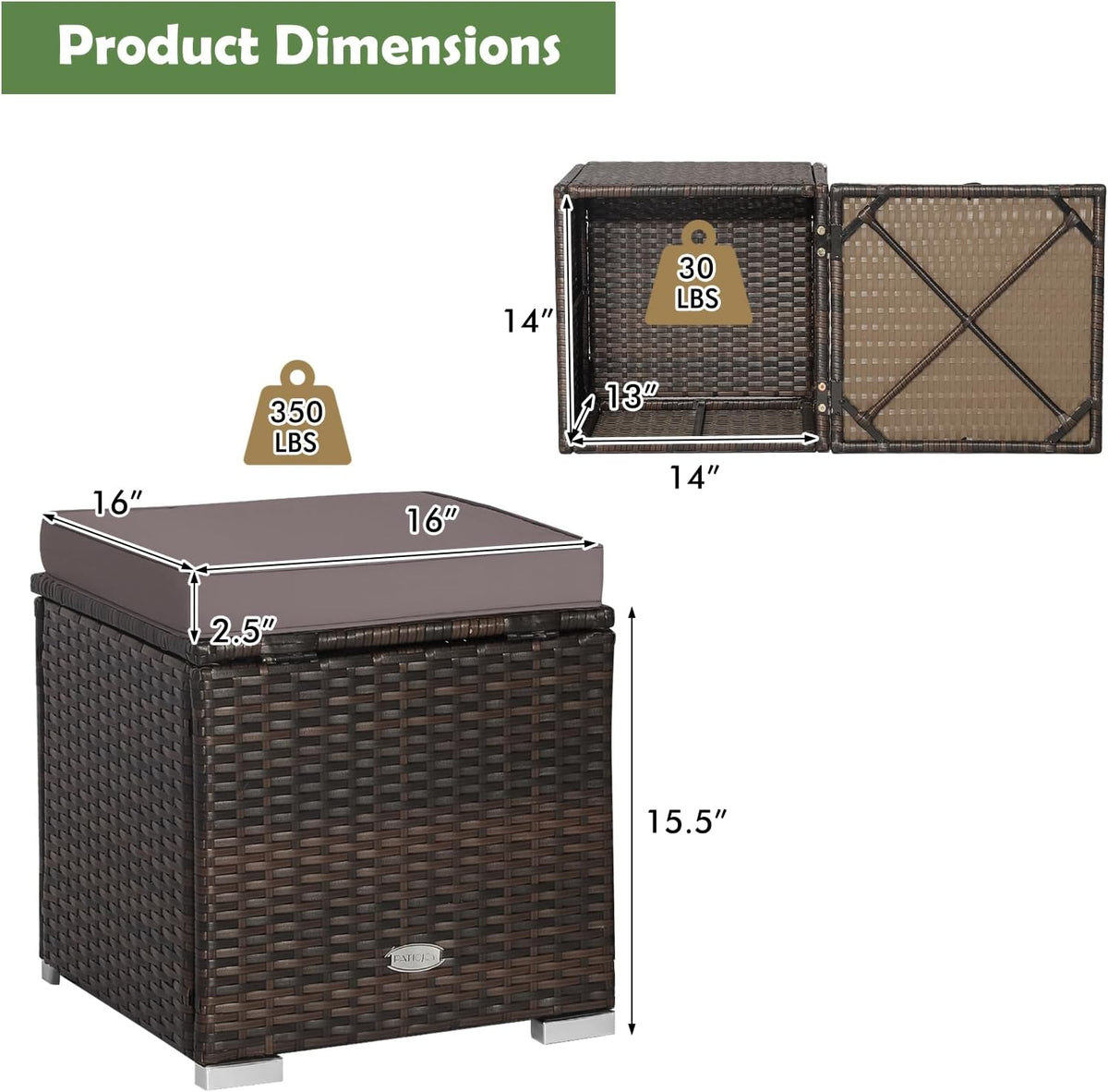 DORTALA Outdoor Storage Ottoman Wicker 2 Piece, Patio Ottomans PE Rattan Foot Rest Footstool with Cushions for Couch, Chair, Grey