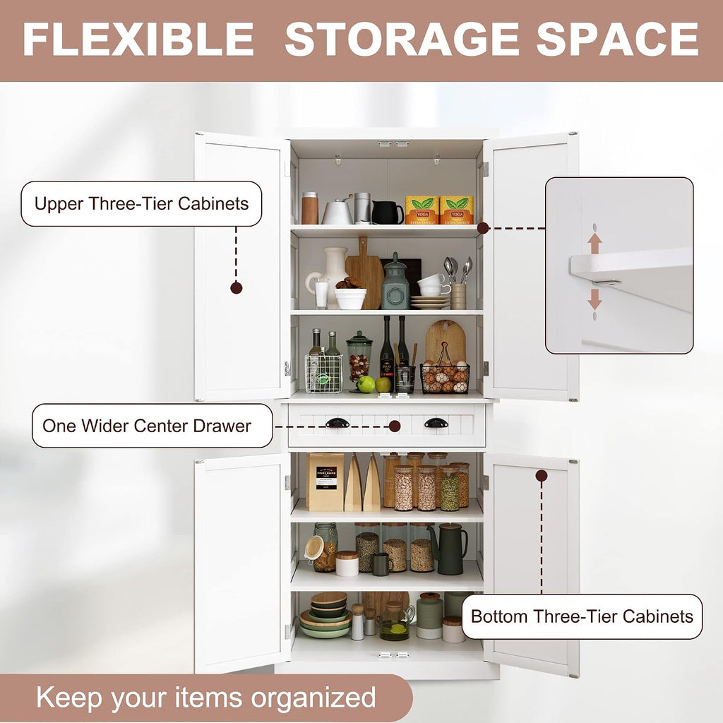HLR Freestanding Kitchen Pantry Cabinet with Doors and Adjustable Shelves, Storage for Kitchen, Living Room Dining Room, White 30''D x 16''W x 72''H