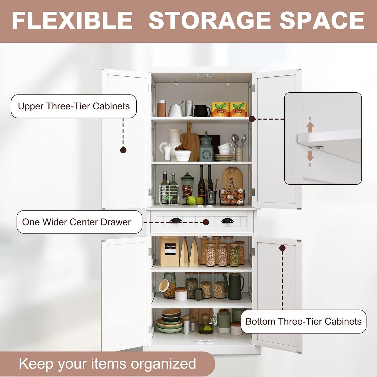 HLR Freestanding Kitchen Pantry Cabinet with Doors and Adjustable Shelves, Storage for Kitchen, Living Room Dining Room, White 30''D x 16''W x 72''H