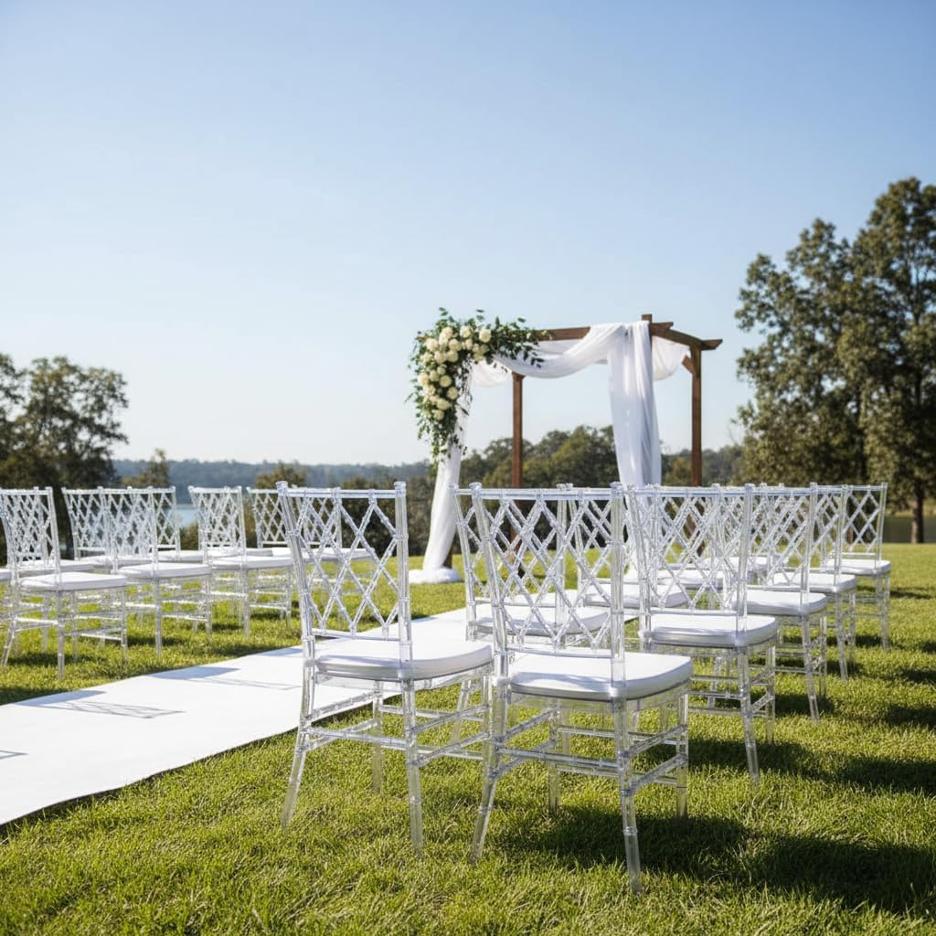 FOHFurniture Set of 3 Clear Acrylic Chiavari Chairs with Cushions, Fully Assembled Transparent Crystal Dining Chair, Accent Event Ghost Chairs for Wedding Event Reception (Clear(Grid))