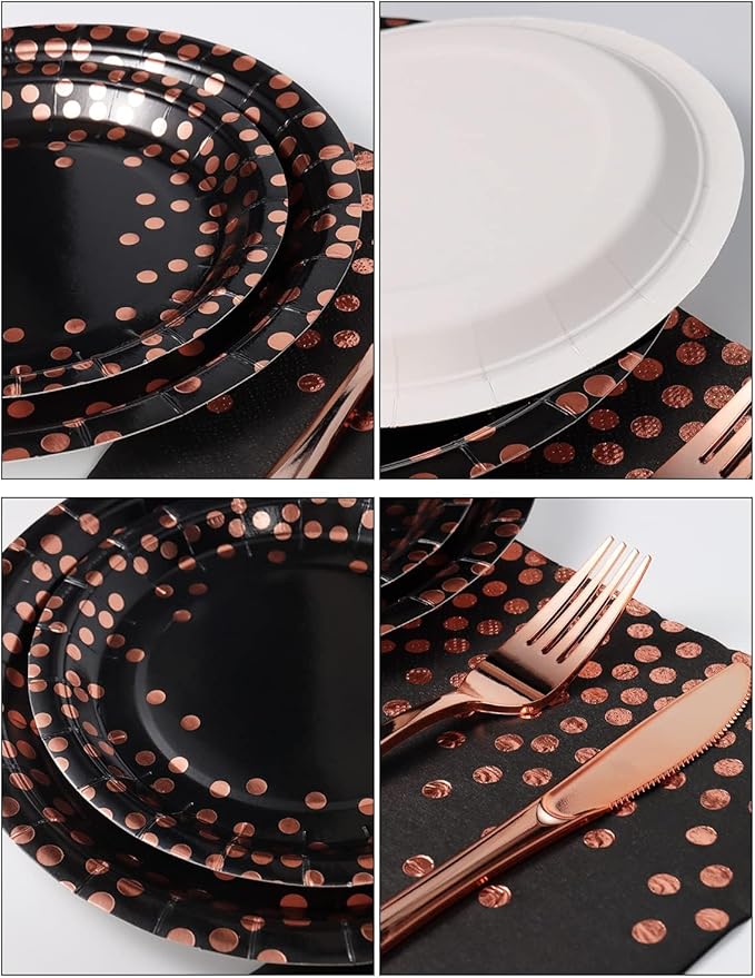 141 Pieces Black and Rose Gold Party Supplies, Party Dinnerware Sets Include Paper Plates Napkins Cups Silverware, for Wedding Bridal Shower Engagement Birthday Parties Decoration -20 Serves