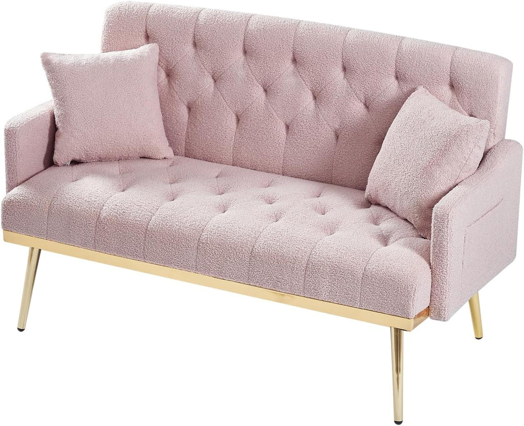 hansones Modern Velvet Armchair with Gold Metal Legs and Side Pockets, Tufted Backrest, Perfect for Living Room, Bedroom Or Office (32.6" Pink)
