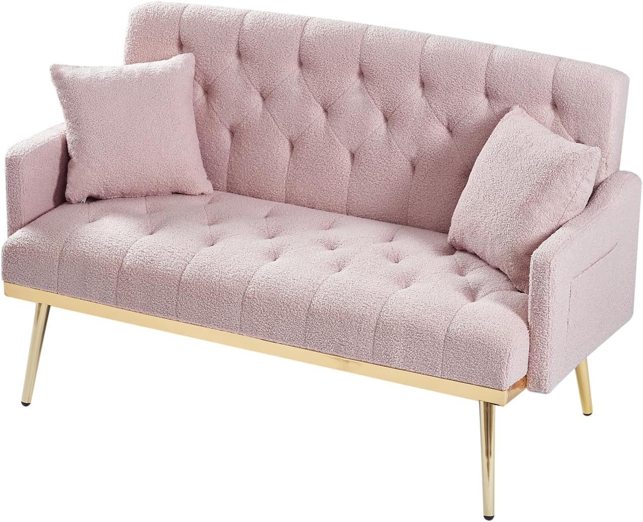 hansones Modern Velvet Armchair with Gold Metal Legs and Side Pockets, Tufted Backrest, Perfect for Living Room, Bedroom Or Office (32.6" Pink)