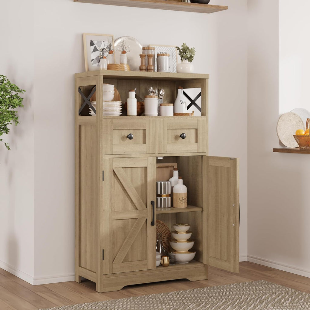 FiveWillowise Natural Storage Cabinet with Doors and Shelves, Standing Kitchen Pantry Cabinet, Floor Storage Hutch Cupboard, Coffee Bar Station for Dining, Living Room, Home Office