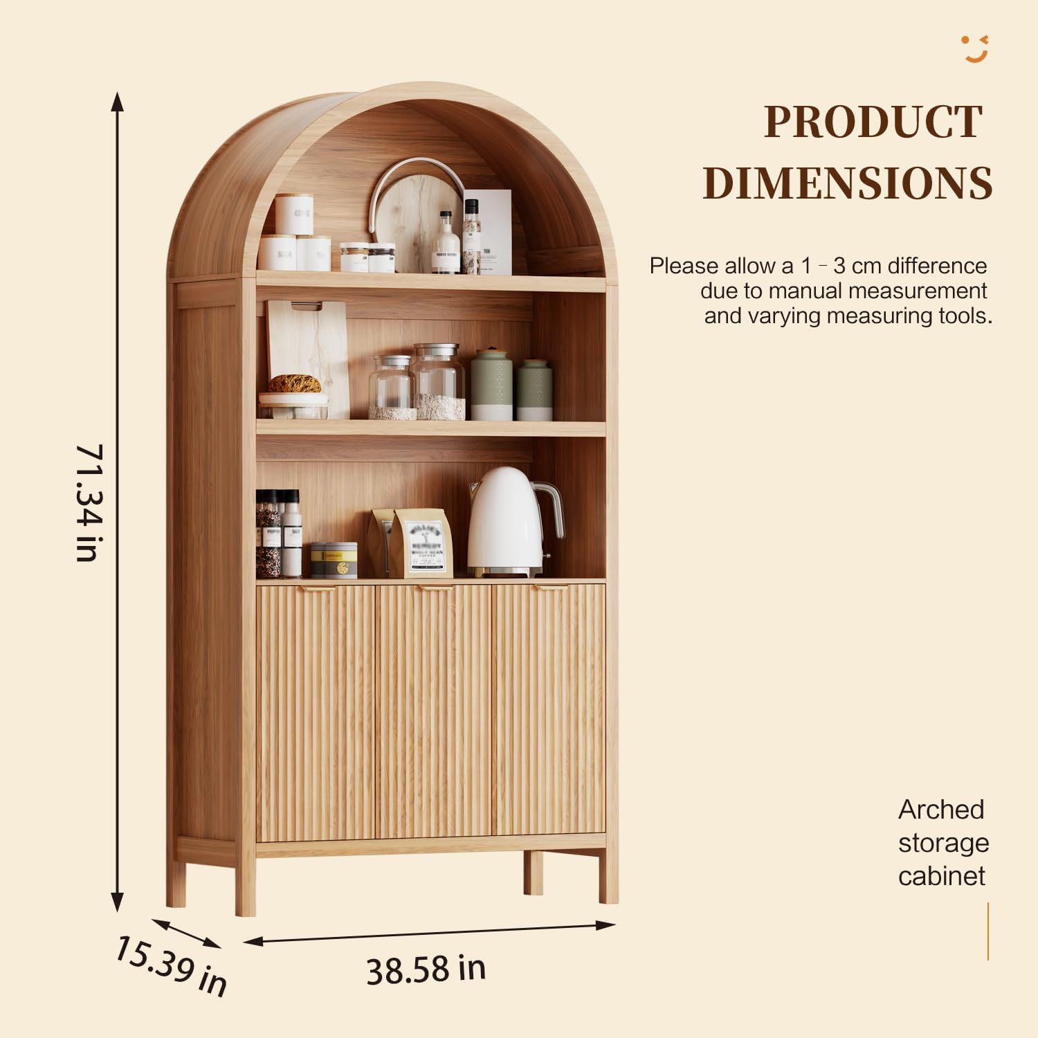 Ieejdn 71.34" Tall Arched Kitchen Pantry,Modern Fluted Wood Storage Cabinet with Doors,Adjustable Shelves,Organizer, Versatile Cupboard for Kitchen,Living Room,Dining Room,Bathroom,Natural