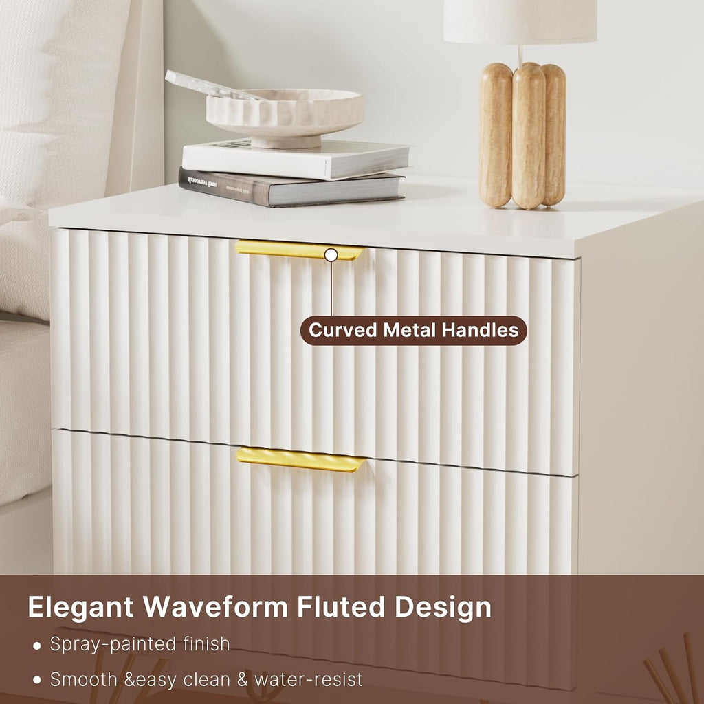 White Nightstand Set of 2, Modern Night Stand Bedside Table with 2 Storage Drawer, Bed Side End Table with Golden Handles and Legs for Bedroom, White