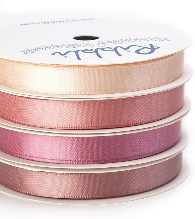 Ribbli Dusty Rose Satin Ribbon 3/8 Inch x 4 Rolls Total 40 Yards- Champagne Pink/Rose Gold/Rosy Mauve/Mauve Ribbon for Wrapping and Craft