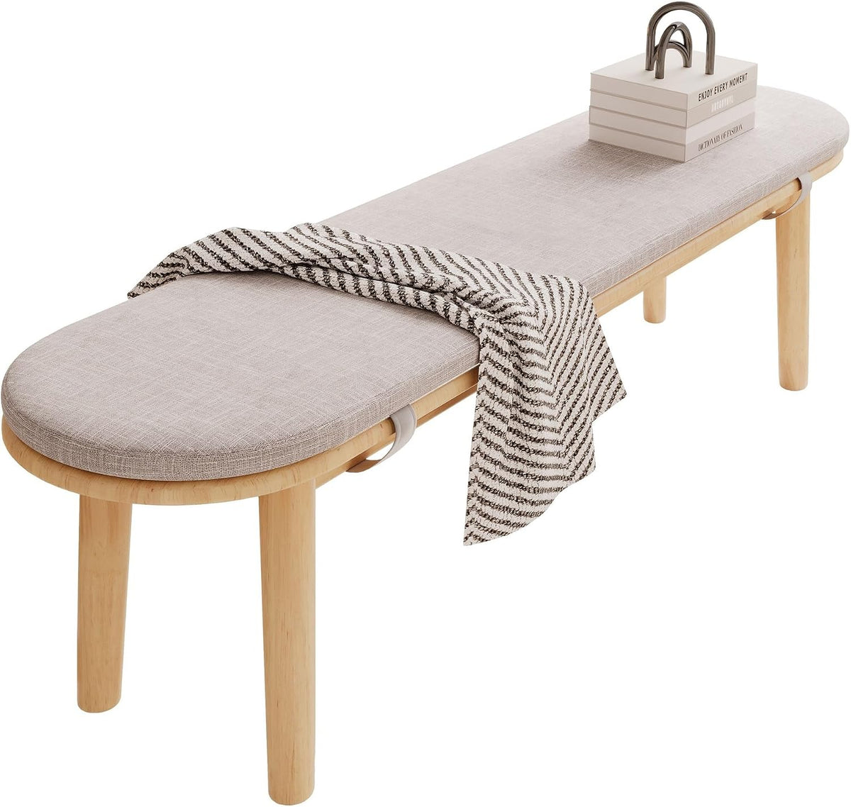 63" Dining Bench Rubber Wood for 6-8 Person,Bedroom Bench,Window Bench,Entryway Bench,Upholstered Bench,with Padded Seat and Solid Wood Leg for Kitchen,Indoor and Hallway,Beige, 63in.