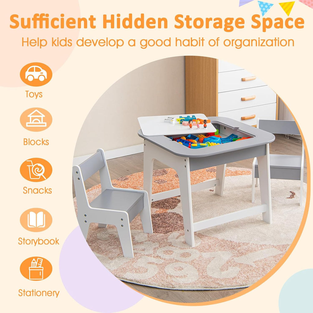 HONEY JOY Kids Table and Chair Set, 3-in-1 Children Wooden Activity Table and 2 Chairs for Art Craft, Reversible Blackboard, 3 PCS Toddler Furniture with Storage, Gift for Boys Girls (Gray)