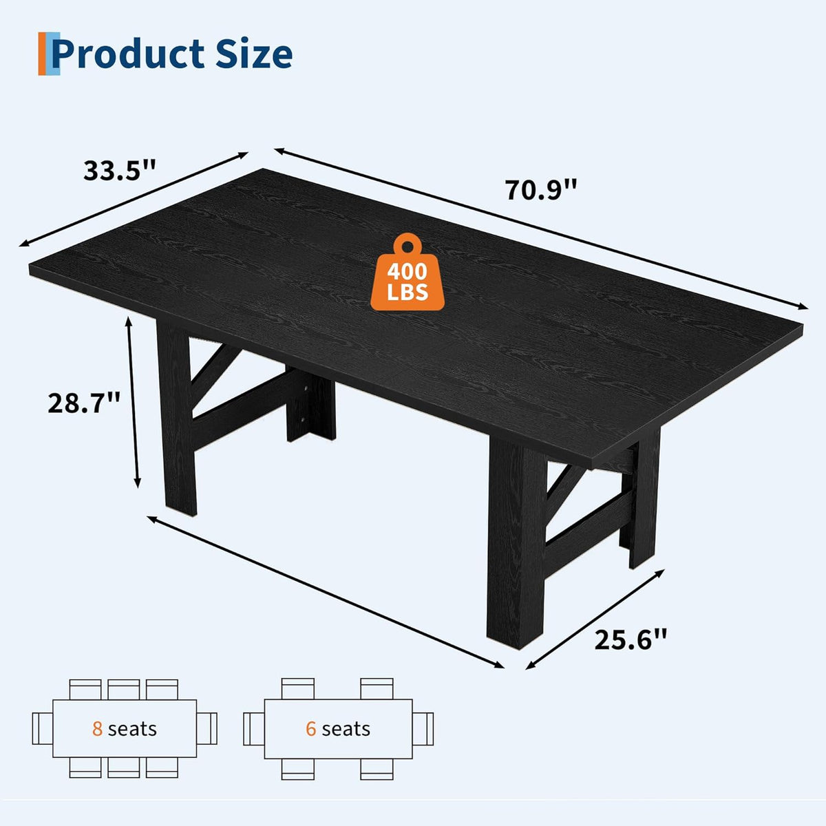 IDEALHOUSE 71" Long Dining Table for 6-8, Farmhouse Wooden Barn Kitchen Table for 6, Triangular Legs, Large Dining Room Table w/Thick Tabletop, Sturdy Frame, for Dinner, Kitchen, Office, Rustic Black