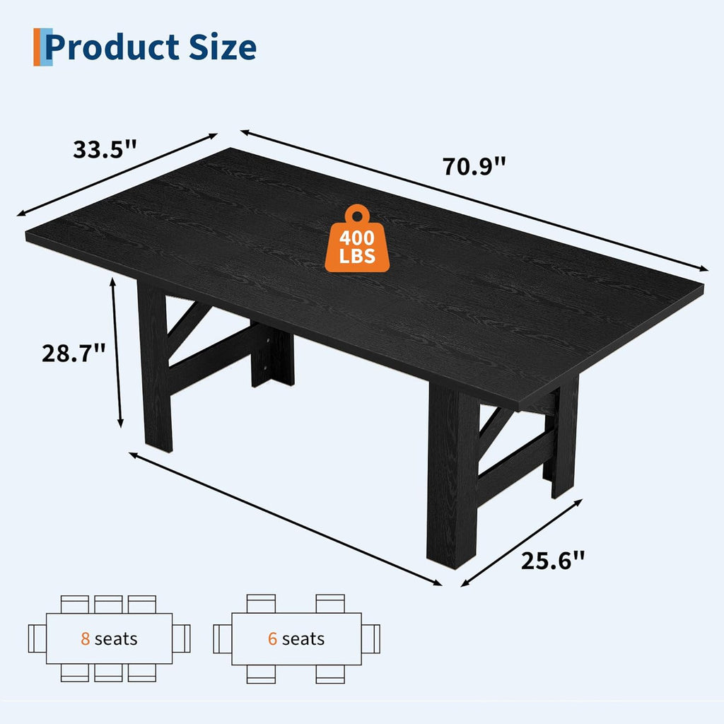 71" Farmhouse Dining Table for 6-8 Person, Large Rectangular Wood Dining Room Table Only, Rock-Strong Thick Base & Heavy Duty Triangular Legs for Kitchen, Office & Restaurant, Black