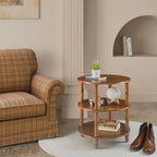 3-Tier Solid Wood Round End Table, Sofa Side Table with Open Storage Shelf Modern Oriental Nightstand Corner Table with Bamboo-Inspired Legs for Living Room Bedroom, Brown, 19.7" D x 23.6" H