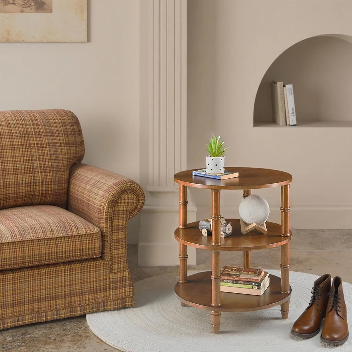 3-Tier Solid Wood Round End Table, Sofa Side Table with Open Storage Shelf Modern Oriental Nightstand Corner Table with Bamboo-Inspired Legs for Living Room Bedroom, Brown, 19.7" D x 23.6" H