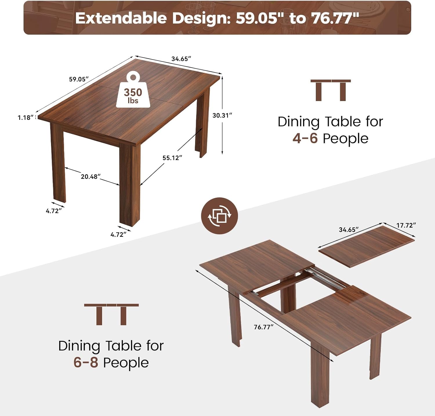 Miereirl 59"–77" Extendable Farmhouse Dining Table for 6–8, Space-Saving Rectangular Kitchen Table with Easy Pull-Out Extension for Family Meals, Work & Everyday Use (Walnut)
